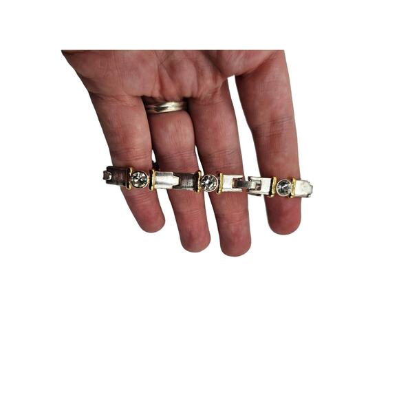 Vintage 1990s Chain Style Clasp Bracelet Gold Silver Tone Rhinestone Inlay - Picture 4 of 4